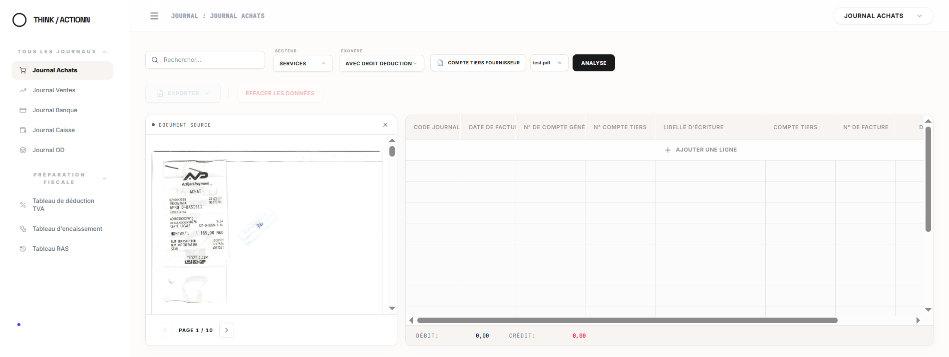 Écran d’Owl après import : le fichier test.pdf est chargé, le bouton Analyse est disponible, et le panneau Document source affiche un ticket de paiement, page 1 sur 10.